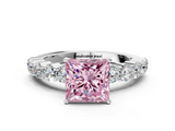 White gold Fancy Pink Princess  Diamond Pavé Band Solitaire with Four-Prong Setting