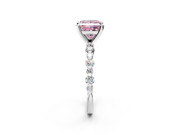 White gold Fancy Pink Princess Cut Diamond Prong Set Engagement Ring with Pavé Band