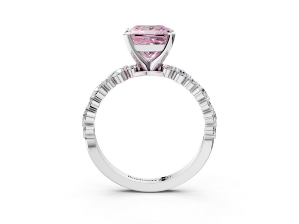 White gold Fancy Pink Princess Cut Diamond Prong Set Engagement Ring with Pavé Band