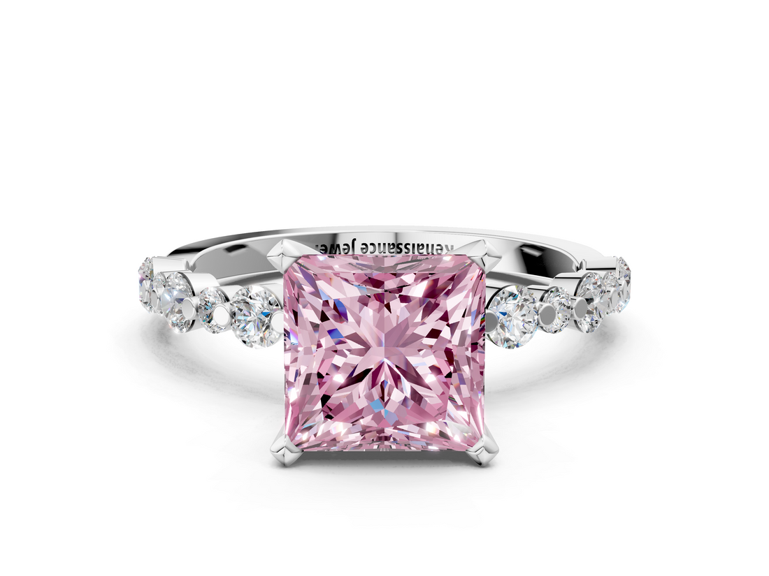 White gold Fancy Pink Princess  Diamond Prong Set Engagement Ring with Pave Band