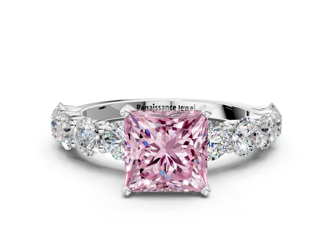 White gold Fancy Pink Princess  Diamond Prong Setting with Side Stones on a Pave Band