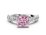 White gold Fancy Pink Princess  Diamond Prong Setting with Side Stones on a Pave Band