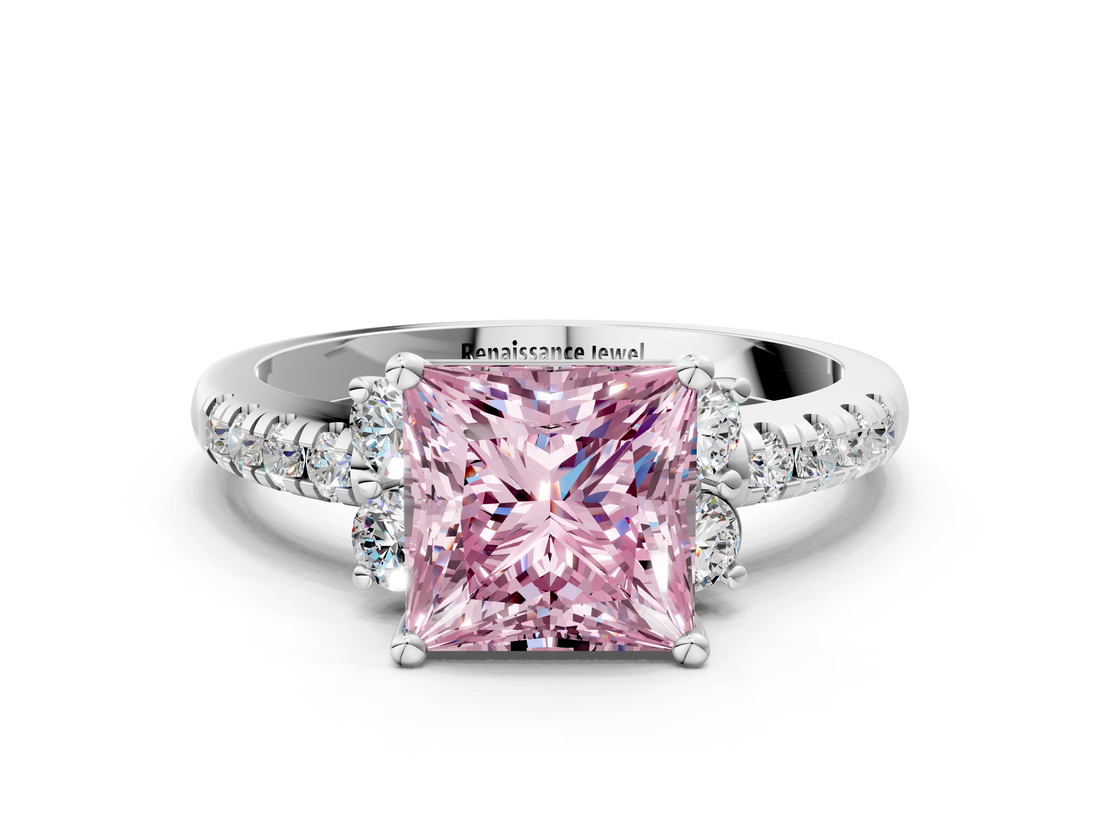 White gold Fancy Pink Princess  Diamond Three-Stone Pave Band with Four-Prong Setting