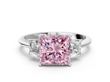 White gold Fancy Pink Princess  Diamond Three-Stone Ring with Trapezoid Side Stones and Prong Setting