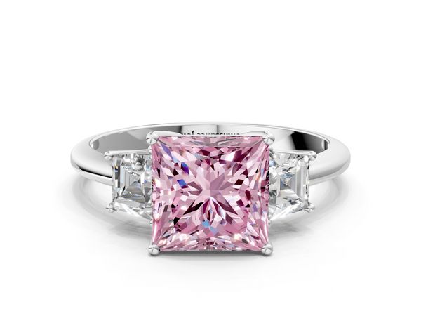 Platinum Fancy Pink Princess  Diamond Three-Stone Ring with Trapezoid Side Stones and Prong Setting