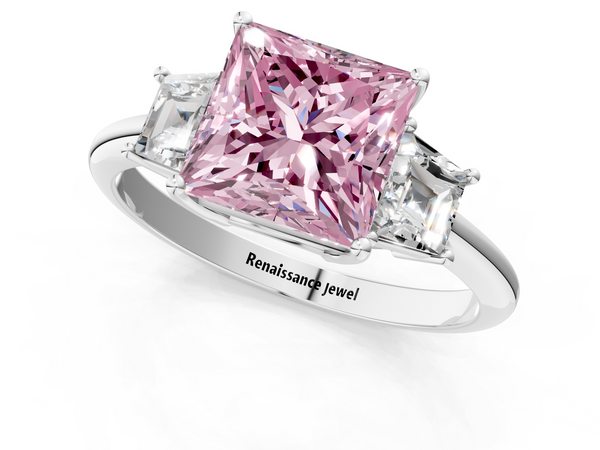 Platinum Fancy Pink Princess  Diamond Three-Stone Ring with Trapezoid Side Stones and Prong Setting
