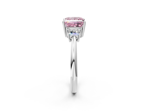 Platinum Fancy Pink Princess  Diamond Three-Stone Ring with Trapezoid Side Stones and Prong Setting