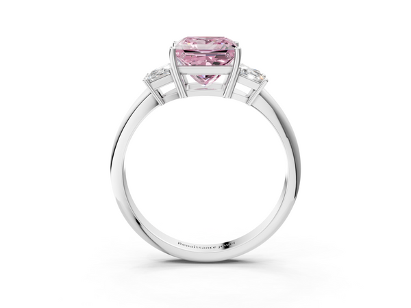 Platinum Fancy Pink Princess  Diamond Three-Stone Ring with Trapezoid Side Stones and Prong Setting
