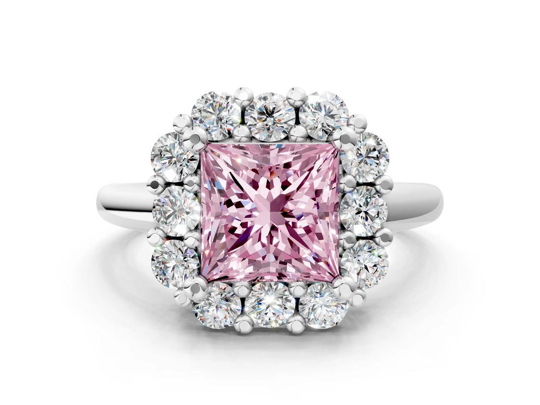 White gold Fancy Pink Princess  Halo Cluster Diamond Engagement Ring with Prong Setting and Polished Band_39
