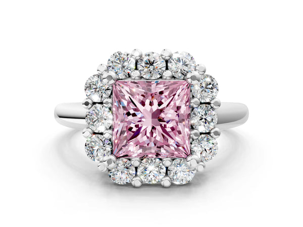 White gold Fancy Pink Princess  Halo Cluster Diamond Engagement Ring with Prong Setting and Polished Band