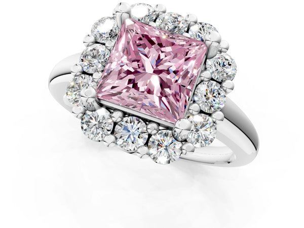 White gold Fancy Pink Princess  Halo Cluster Diamond Engagement Ring with Prong Setting and Polished Band