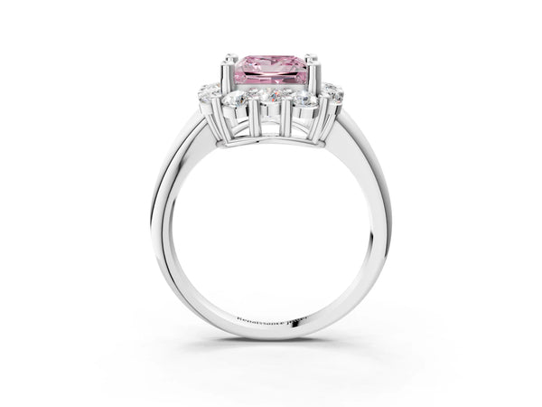 White gold Fancy Pink Princess  Halo Cluster Diamond Engagement Ring with Prong Setting and Polished Band