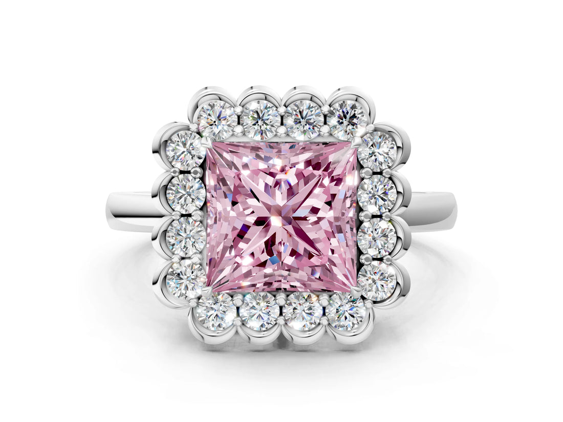 White gold Fancy Pink Princess  Halo Cluster Diamond Engagement Ring with Solitaire Band and Prong Setting_46