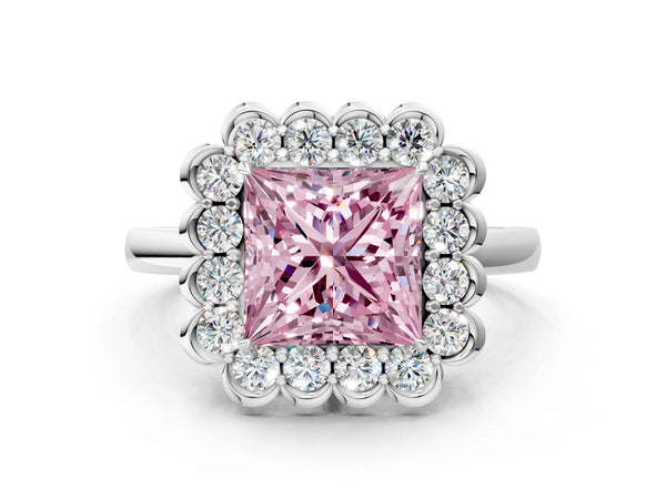 Platinum Fancy Pink Princess  Halo Cluster Diamond Engagement Ring with Solitaire Band and Prong Setting