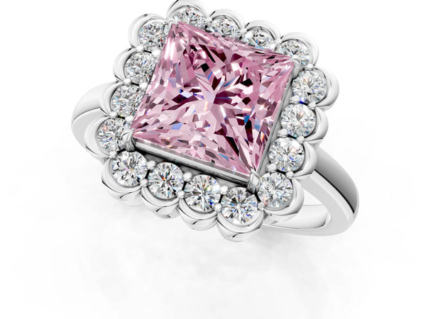 Platinum Fancy Pink Princess  Halo Cluster Diamond Engagement Ring with Solitaire Band and Prong Setting