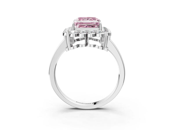 Platinum Fancy Pink Princess  Halo Cluster Diamond Engagement Ring with Solitaire Band and Prong Setting