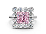 White gold Fancy Pink Princess  Halo Diamond Cluster Engagement Ring with Milgrain Bezel Setting and Solitaire Band_27
