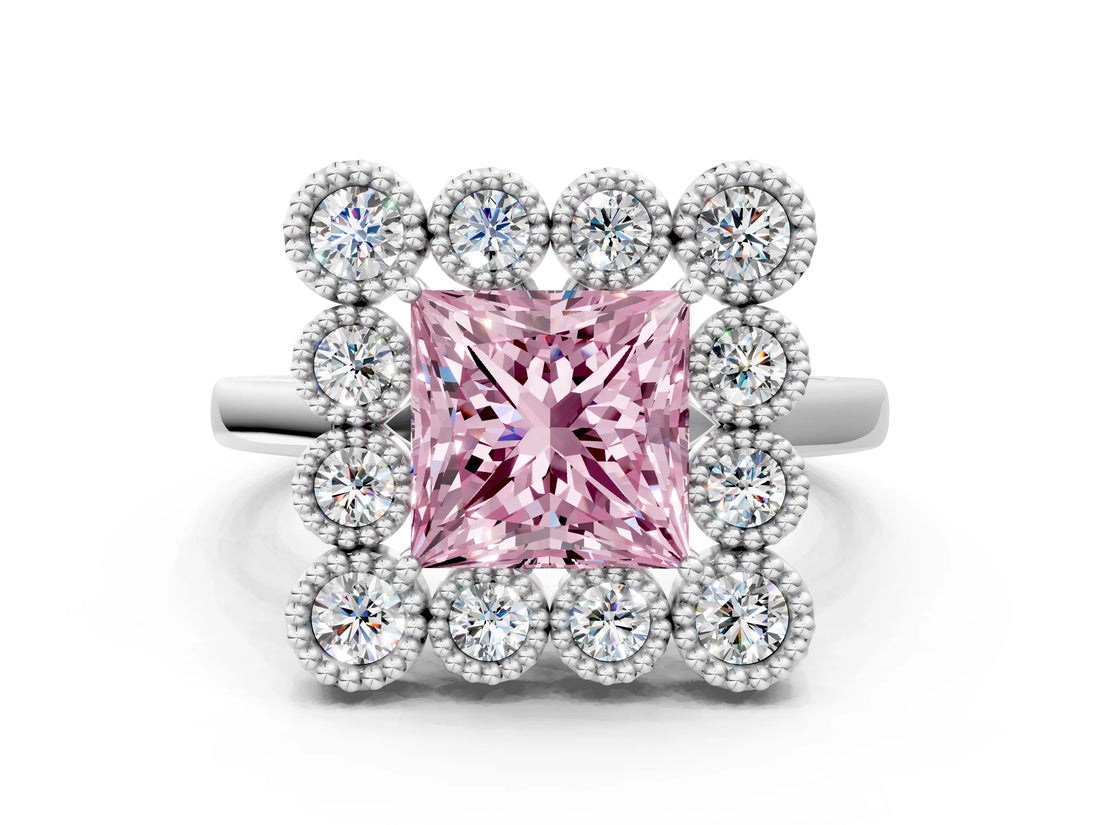 White gold Fancy Pink Princess  Halo Diamond Cluster Engagement Ring with Milgrain Bezel Setting and Solitaire Band_27