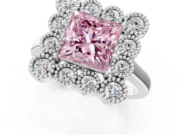 White gold Fancy Pink Princess  Halo Diamond Cluster Engagement Ring with Milgrain Bezel Setting and Solitaire Band