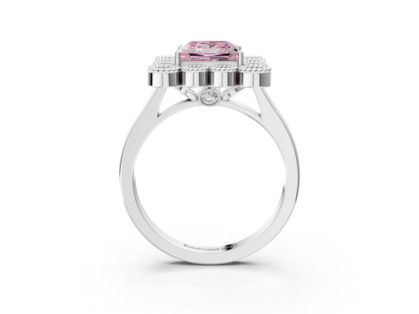 White gold Fancy Pink Princess  Halo Diamond Cluster Engagement Ring with Milgrain Bezel Setting and Solitaire Band