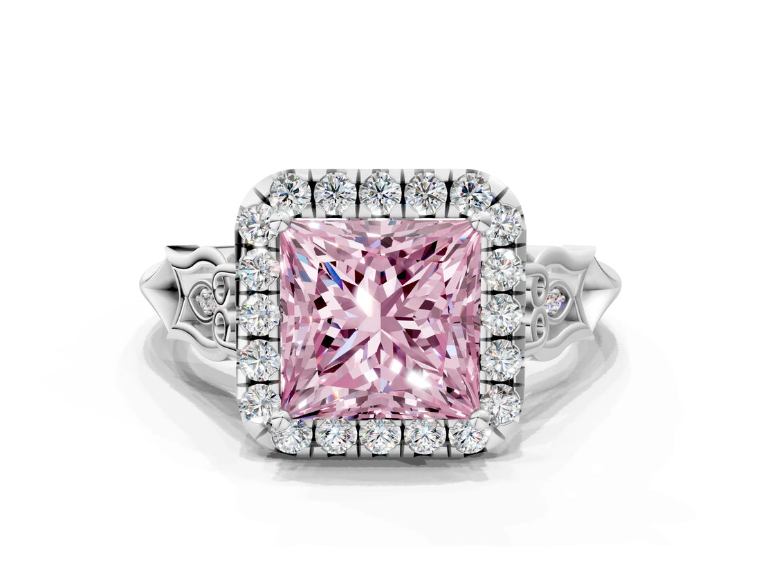 White gold Fancy Pink Princess  Halo Diamond Engagement Ring with Filigree Band and Four-Prong Setting_105