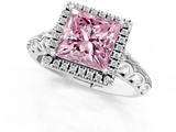 White gold Fancy Pink Princess  Halo Diamond Engagement Ring with Intricate Filigree Band and Four-Prong Setting_1