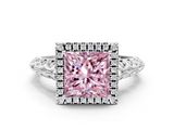 White gold Fancy Pink Princess  Halo Diamond Engagement Ring with Intricate Filigree Band and Four-Prong Setting