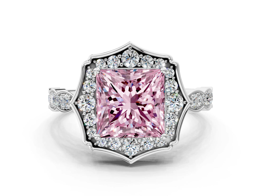 White gold Fancy Pink Princess  Halo Diamond Engagement Ring with Milgrain Band and Four-Prong Setting_26