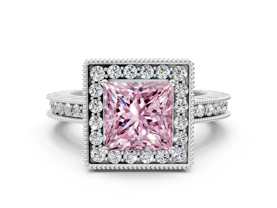 White gold Fancy Pink Princess  Halo Diamond Engagement Ring with Milgrain Pave Band and Four-Prong Setting_111