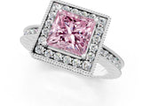 White gold Fancy Pink Princess  Halo Diamond Engagement Ring with Milgrain Pave Band and Four-Prong Setting_112