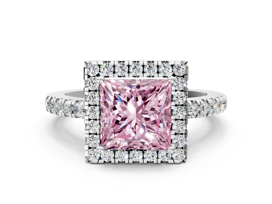 White gold Fancy Pink Princess  Halo Diamond Engagement Ring with Pavé Band and Four-Prong Setting_81