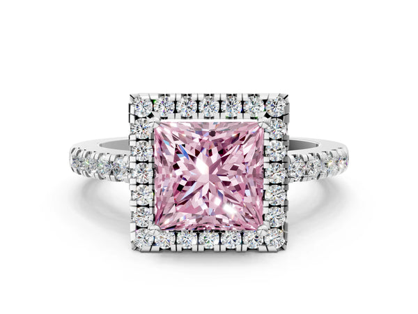 White gold Fancy Pink Princess  Halo Diamond Engagement Ring with Pavé Band and Four-Prong Setting