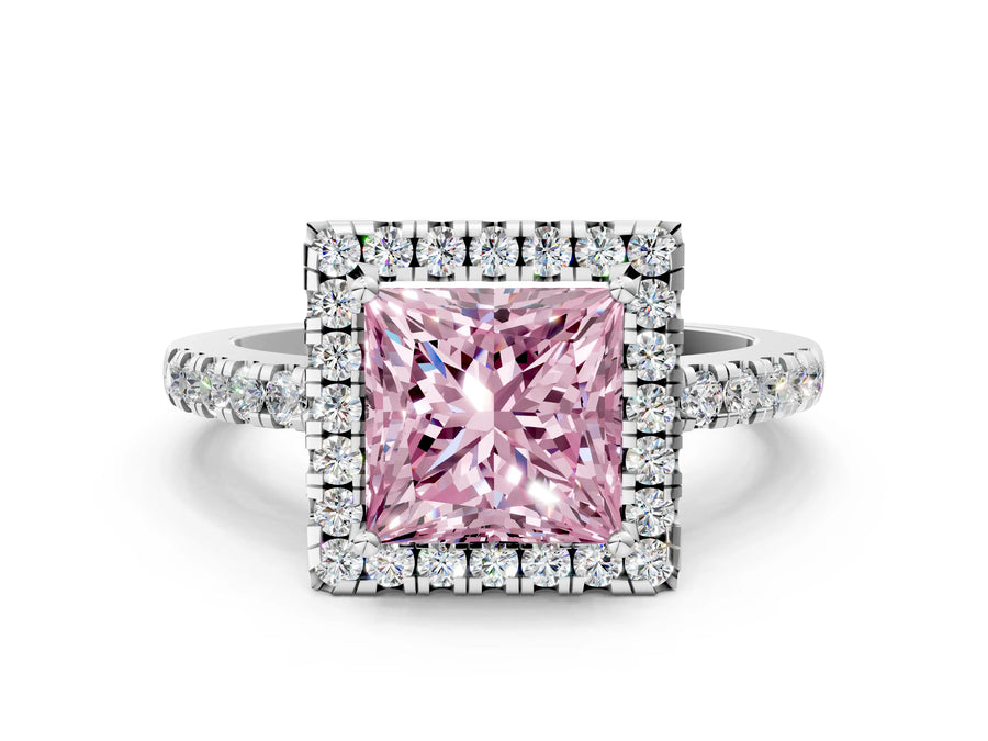 White gold Fancy Pink Princess  Halo Diamond Engagement Ring with Pavé Band and Four-Prong Setting