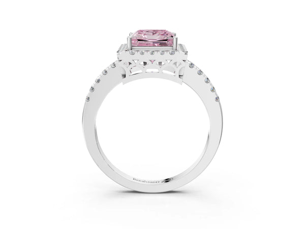 White gold Fancy Pink Princess  Halo Diamond Engagement Ring with Pavé Band and Four-Prong Setting
