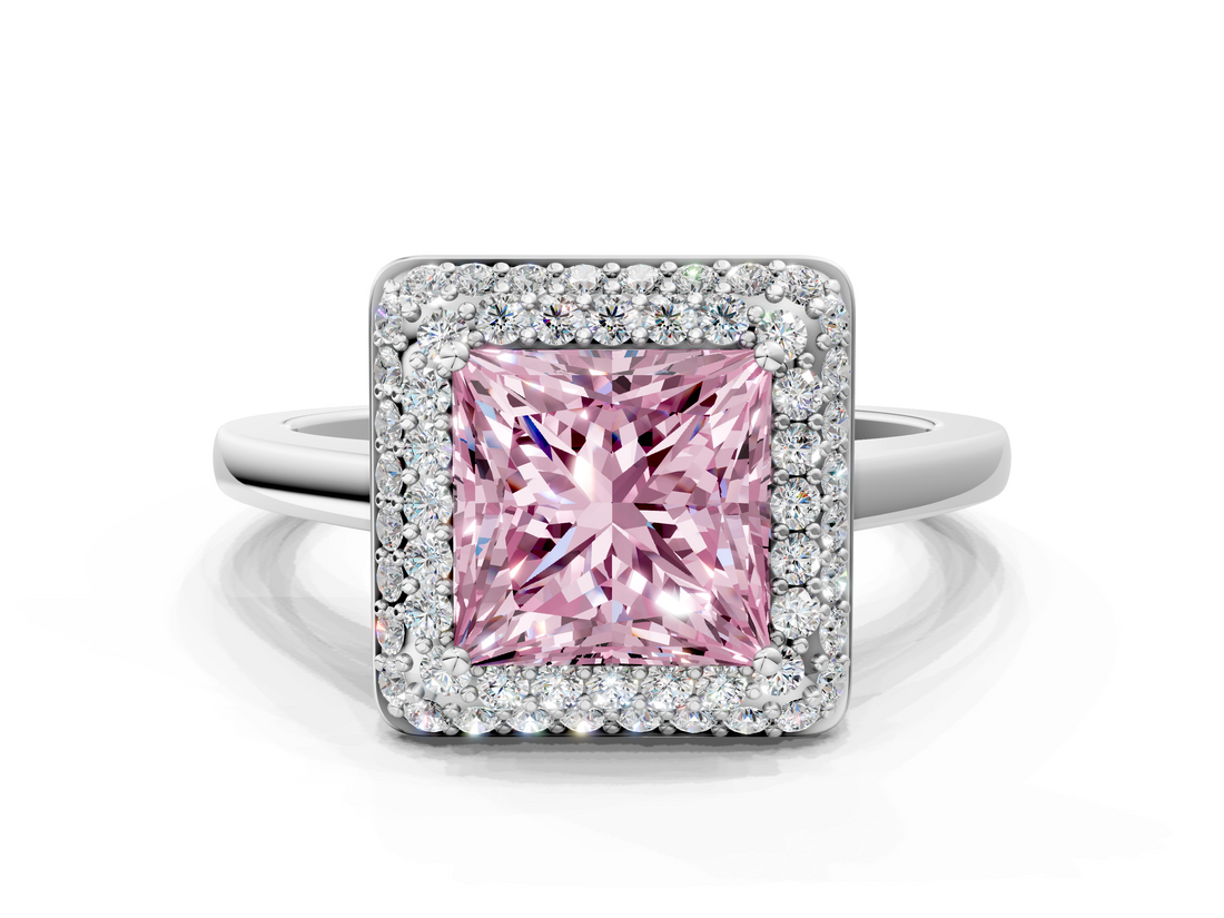 White gold Fancy Pink Princess  Halo Diamond Engagement Ring with Solitaire Band and Four-Prong Setting
