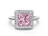 White gold Fancy Pink Princess  Halo Diamond Engagement Ring with Solitaire Band and Four-Prong Setting