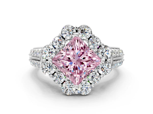 Platinum Fancy Pink Princess  Halo Diamond Engagement Ring with Split Shank and Prong Setting