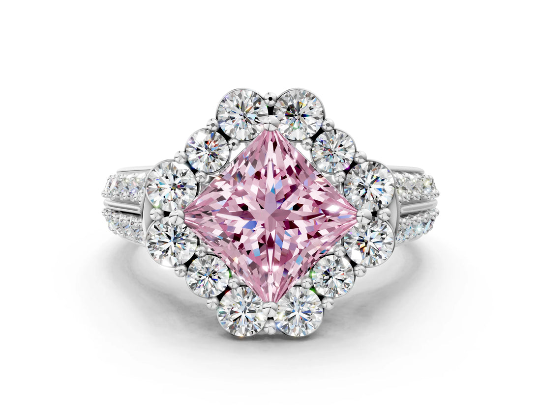 White gold Fancy Pink Princess  Halo Diamond Engagement Ring with Split Shank and Prong Setting_29