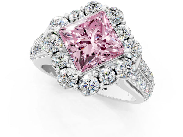 Platinum Fancy Pink Princess  Halo Diamond Engagement Ring with Split Shank and Prong Setting
