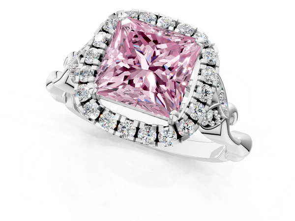 White gold Fancy Pink Princess  Halo Diamond Engagement Ring with Vintage-Inspired Band and Four-Prong Setting