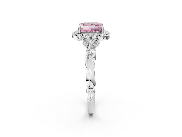 White gold Fancy Pink Princess  Halo Diamond Engagement Ring with Vintage-Inspired Band and Four-Prong Setting