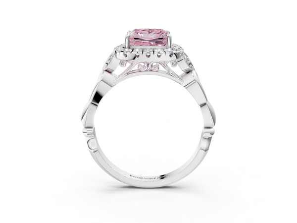 White gold Fancy Pink Princess  Halo Diamond Engagement Ring with Vintage-Inspired Band and Four-Prong Setting