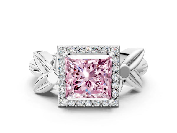 White gold Fancy Pink Princess  Halo Diamond Floral Band with Four-Prong Setting