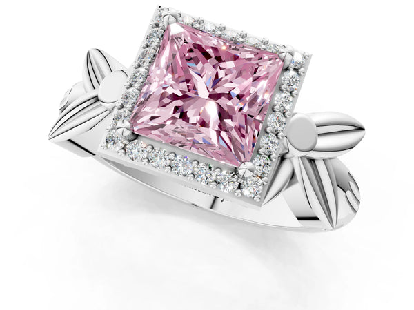 White gold Fancy Pink Princess  Halo Diamond Floral Band with Four-Prong Setting