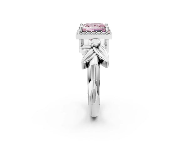 White gold Fancy Pink Princess  Halo Diamond Floral Band with Four-Prong Setting