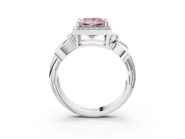 White gold Fancy Pink Princess  Halo Diamond Floral Band with Four-Prong Setting