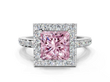 White gold Fancy Pink Princess  Halo Diamond Pavé Band Ring with Prong Setting
