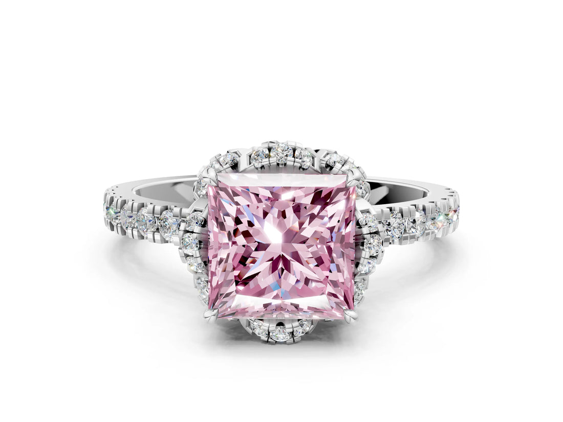 White gold Fancy Pink Princess  Halo Diamond Pave Band Ring with Four-Prong Setting_15