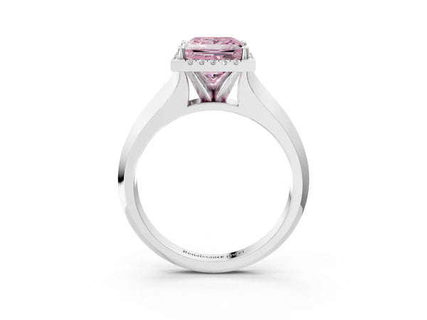 White gold Fancy Pink Princess  Halo Diamond Ring with Cathedral Band and Four-Prong Setting
