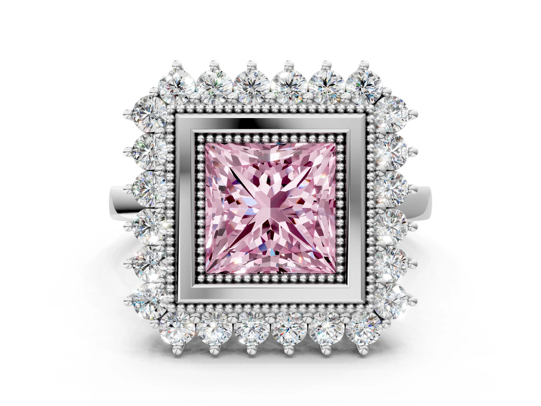 White gold Fancy Pink Princess  Halo Diamond Ring with Milgrain Edge and Round Prong Setting_35